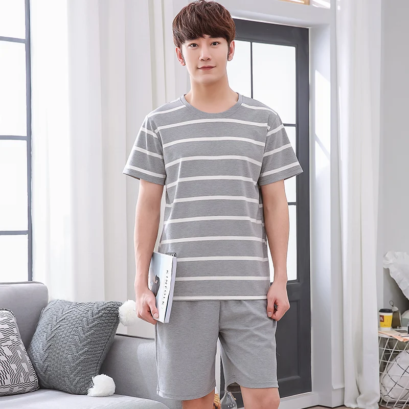 

Men Pajama Sets Big Size L-3XL Short Sleeve O-Neck Sleepwear 2018 New Mens 100% Cotton Pyjama Free Shipping