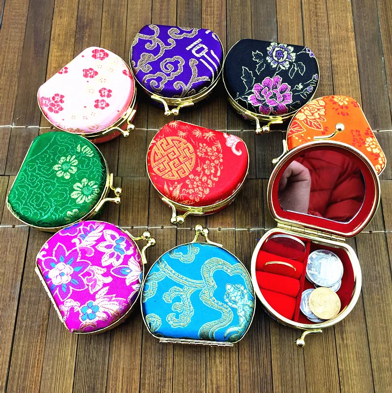 

Mirrored Multi Ring Display Box Portable Travel Necklace Jewelry Set Gift Box Packaging Silk Brocade Storage Case 50pcs/lot