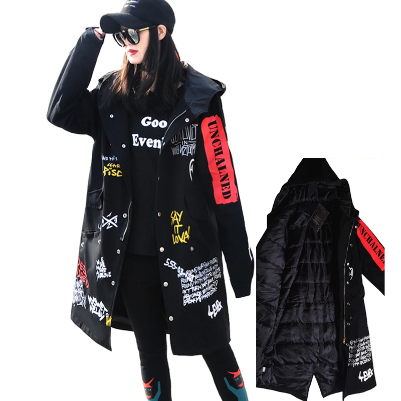 

Women's 2019 Spring Hip-hop Letter-printed Windbreaker BF Hooded Trench Coat Parkas