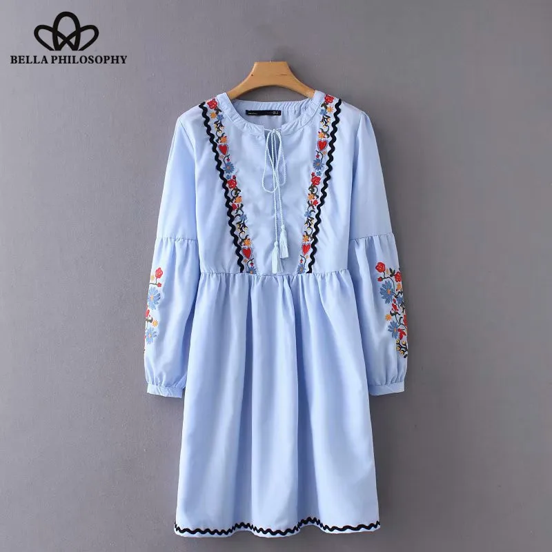 Wonder 2018 new autumn floral embroidery lace edge mini dress ladies bow tied vestidos long sleeve casual slim chic dresses
