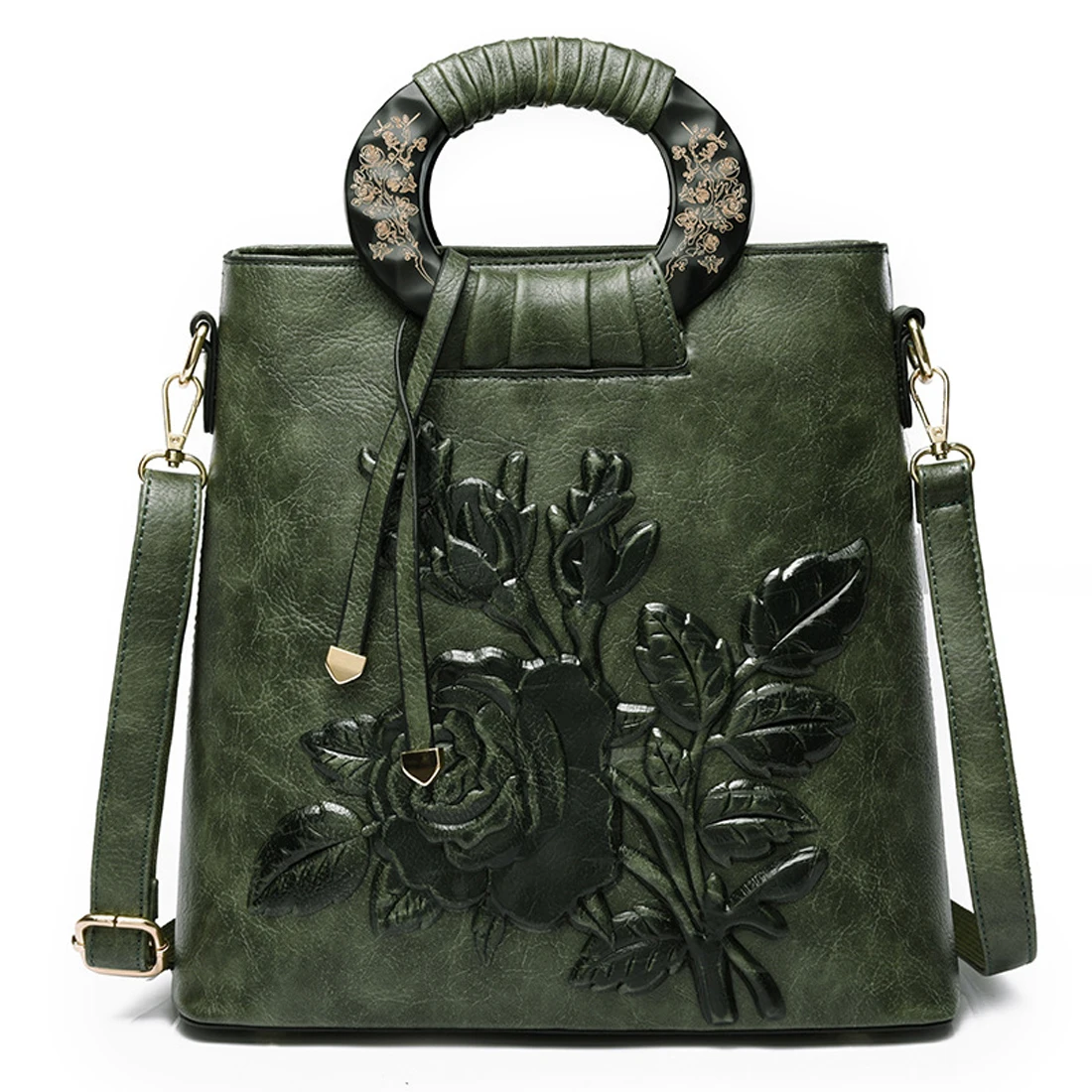 

Chinese National Wind Handbags For Womens Lady Vintage 3D Flower PU Shoulder Bags Fashion Ring Handle-top Cross Body Purse Bag