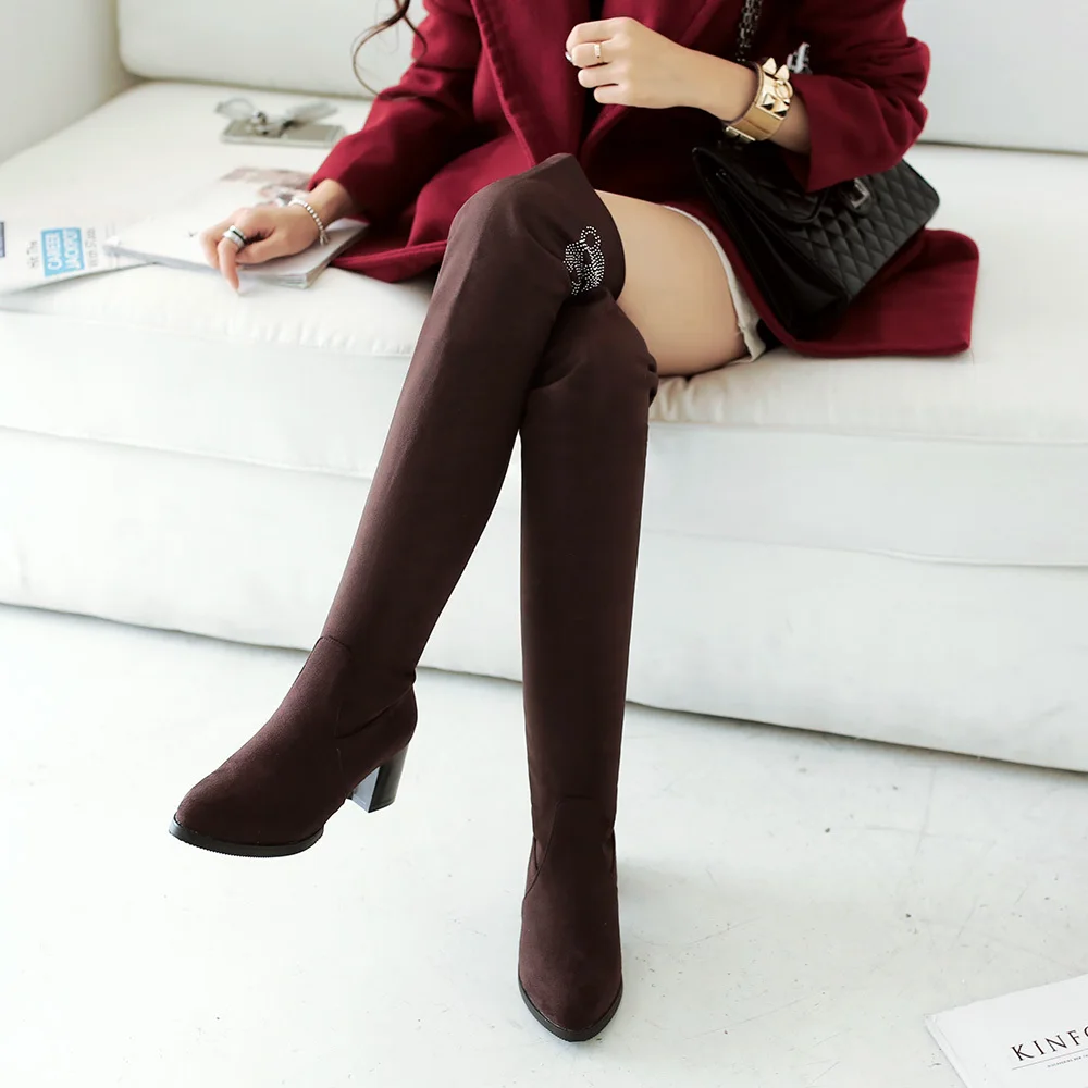 

2015 winter New Rhinestone Knee Boots Slip-On Women Solid Colors Square Heels Knee Boots Pointed Toe Knee boots size 34-47 R981