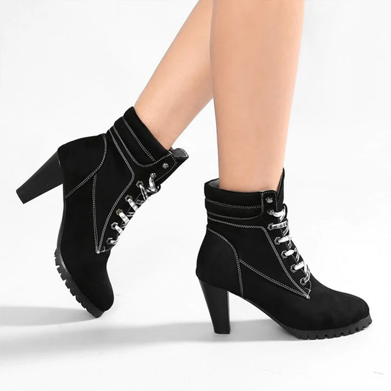 

VOGELLIA Ankle Boots For Women Platform 8CM High Heels Female Lace Up Shoes Woman Autumn Martin Boot Fashion Ladies Footwear