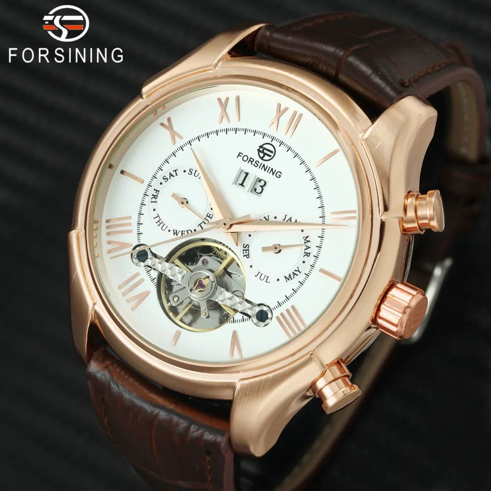 

2018 FORSINING Tourbillon Mechanical Watch Men Leather Strap Working Sub-dials Calendar Skeleton Mens Watches Top Brand Luxury