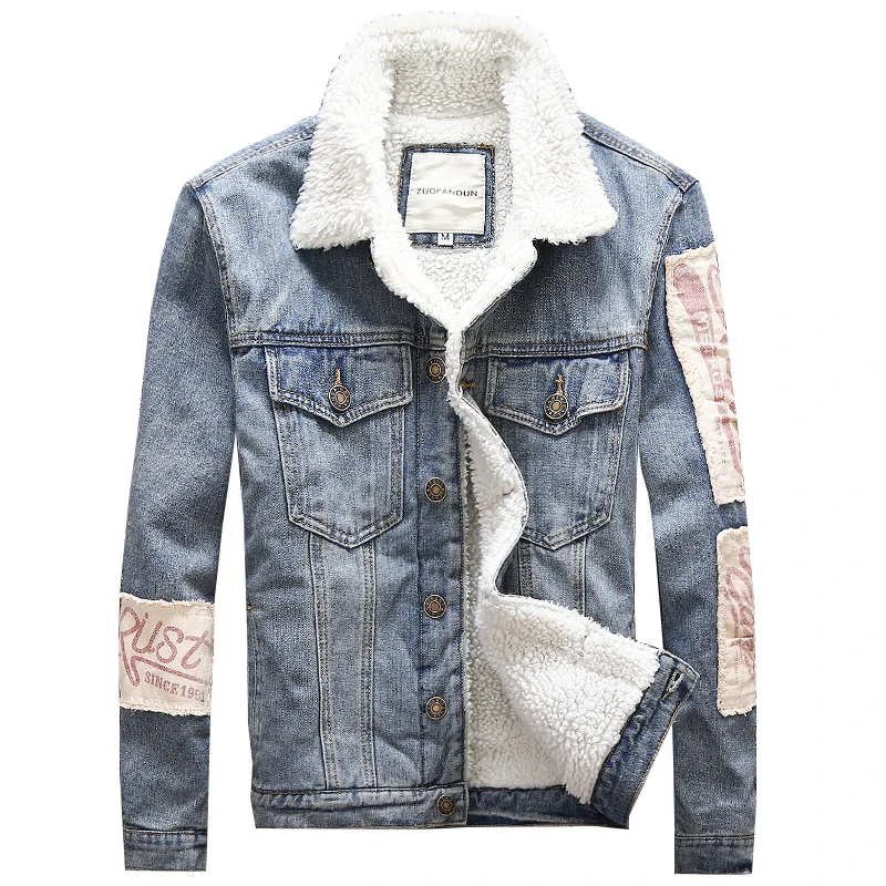 Big Size M-5XL Fashion Winter Men Jacket Blue Patch Designer Printed Denim Jackets Men Streetwear Hip Hop Velvet Warm Jackets