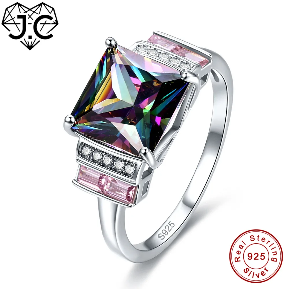 

J.C Amethyst Rainbow Fire Mystic Pink Blue Topaz Real 925 Sterling Silver Ring Size 6 7 8 9 Women Gorgeous Wedding Fine Jewelry