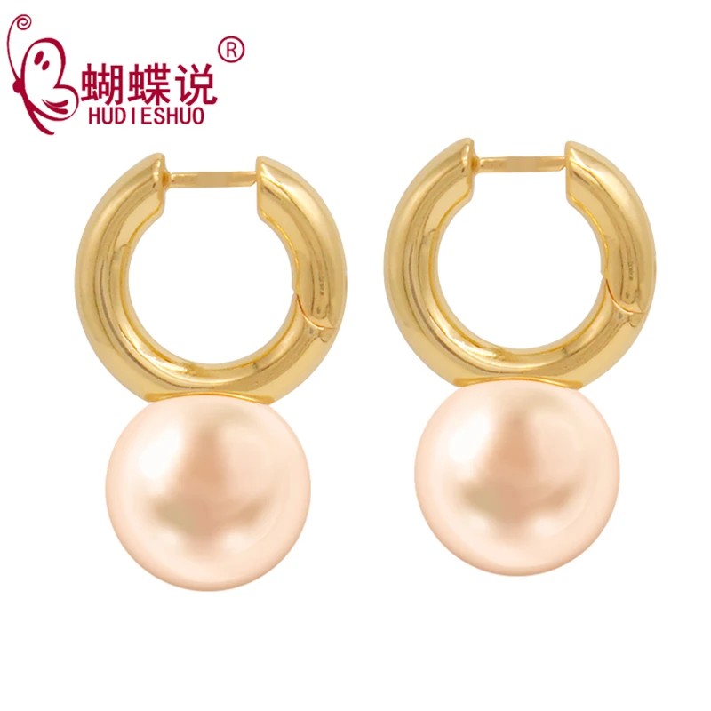 

HUDIESHUO Pearl Earrings for Women Elegant Gold Color Round Hoop Dangle Drop Earrings