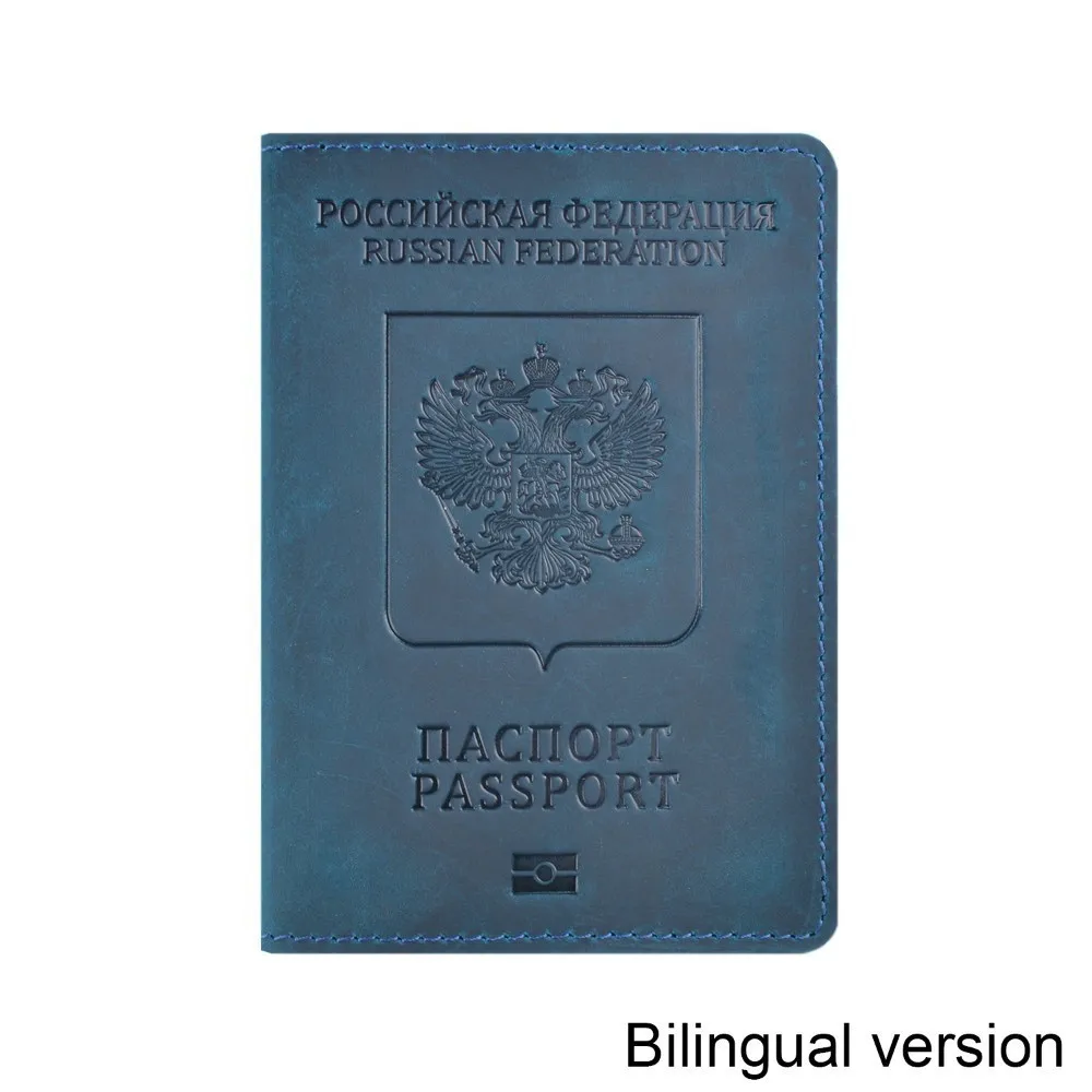 50 шт./лот 10x14 см Натуральная кожа Обложка для паспорта для Российской Федерации Crazy Horse кожа двуязычный чехол для паспорта - Цвет: Blue Bilingual