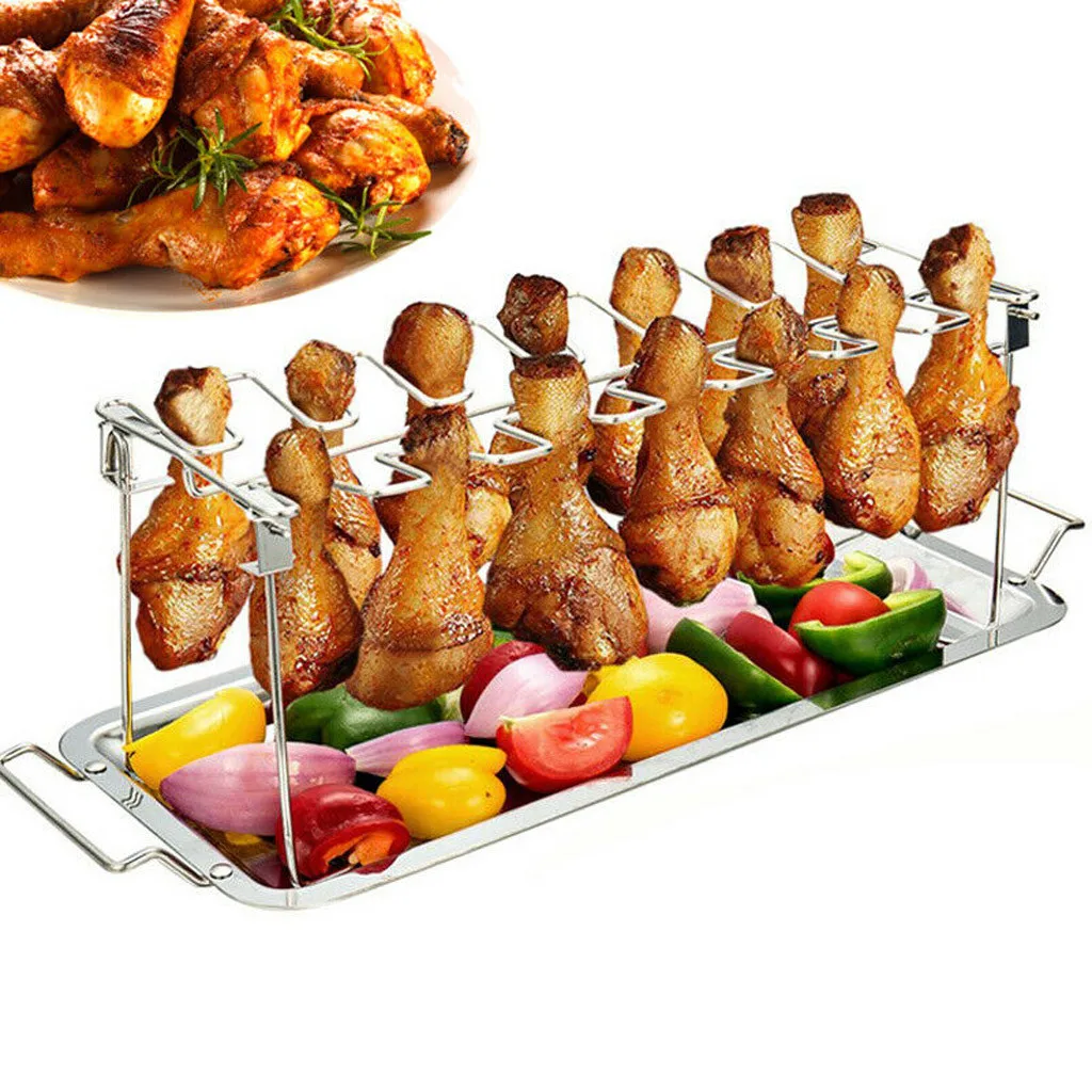 

BBQ Tools Barbecue Stainless Steel Chicken Wing Leg Rack Grill Holder with Drip Pan for BBQ Grill Mat Grill Accessories Drip Pan