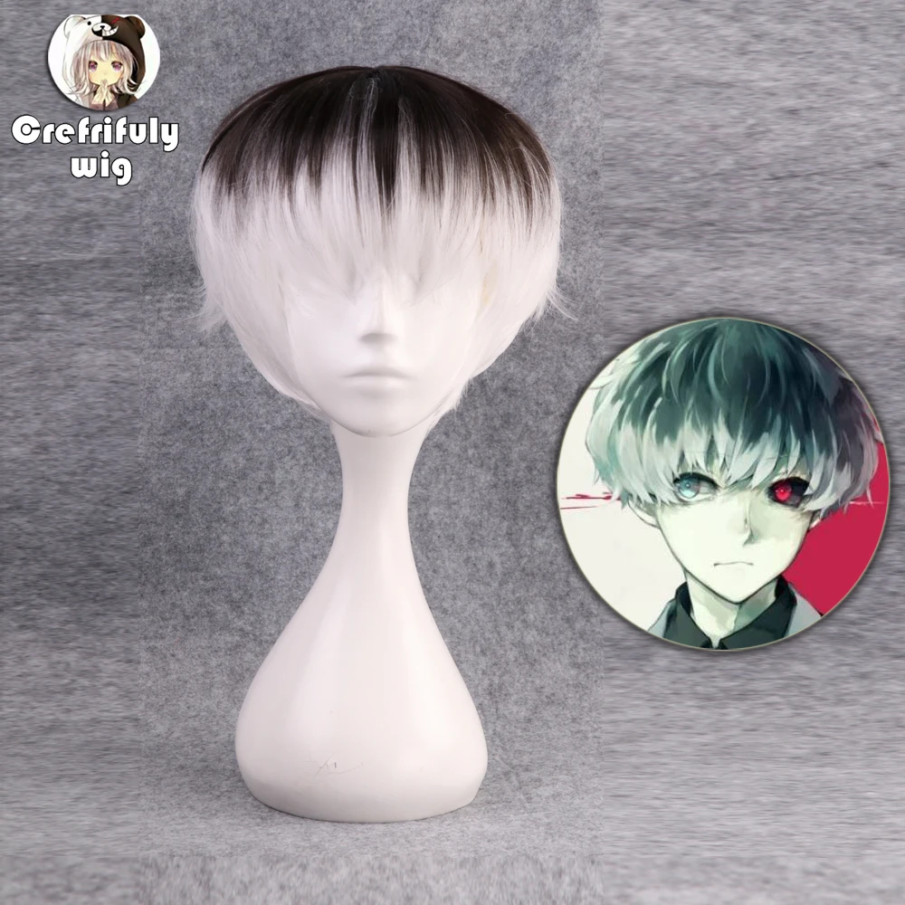 

30cm Tokyo Ghoul Haise Sasaki Cosplay Wig 28cm Short Synthetic Hair Black White Ombre Anime Wig Perucas + Wig cap