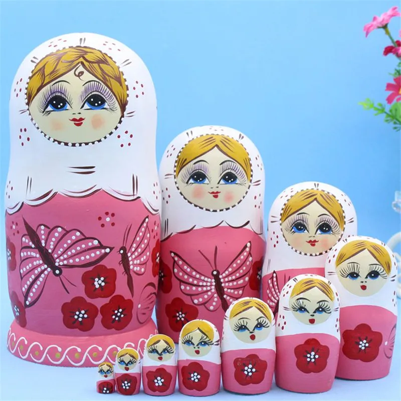 10 Layer Pink Butterfly Russian Nesting Dolls Dry Basswood Matryoshka