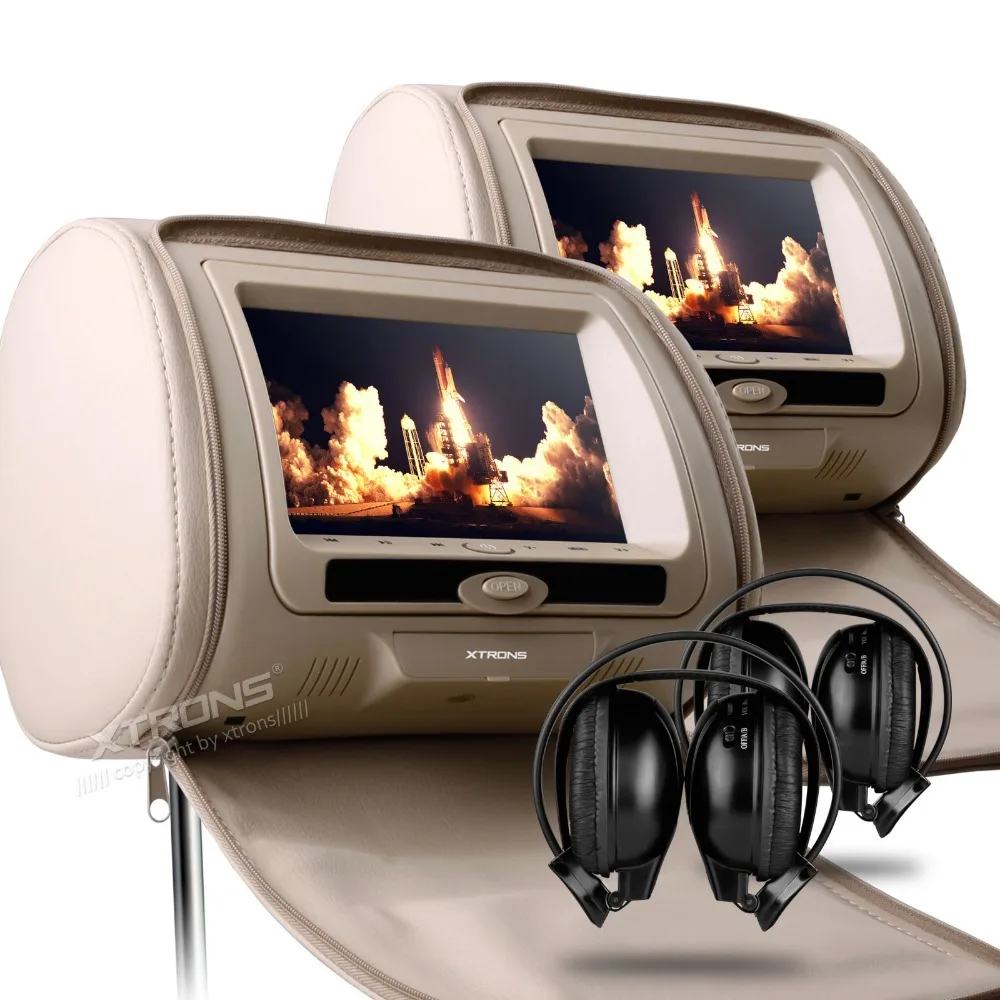 XTRONS Beige Monitors 2x7" Digital Screen zipper Car Headrest DVD