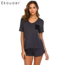 Ekouaer, женская одежда для сна, хлопковые Пижамные комплекты, спандекс, короткий рукав, пижама, рубашка, короткий комплект, летние женские ночные рубашки, одежда для сна, костюмы