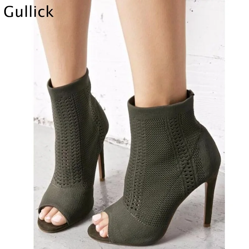 

2018 Fashion Thin High Heel Brown Black Ankle Boots Sexy Peep Toe Knitted Stretch Rome Designer Booties Slip On Summer Boots