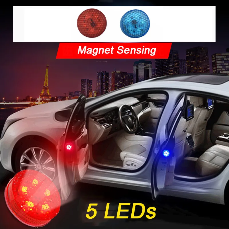 

2pcs 5 LEDs Car Door Opening Warning Lights Wireless Magnetic Induction Strobe Flashing Anti Rear-end Collision Safety Lamps