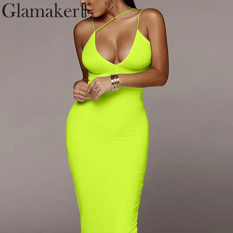 

Glamaker V neck black long knitted dress Women bodycon vintage maxi dress Summer slim sleeveless party club elegant sexy dress