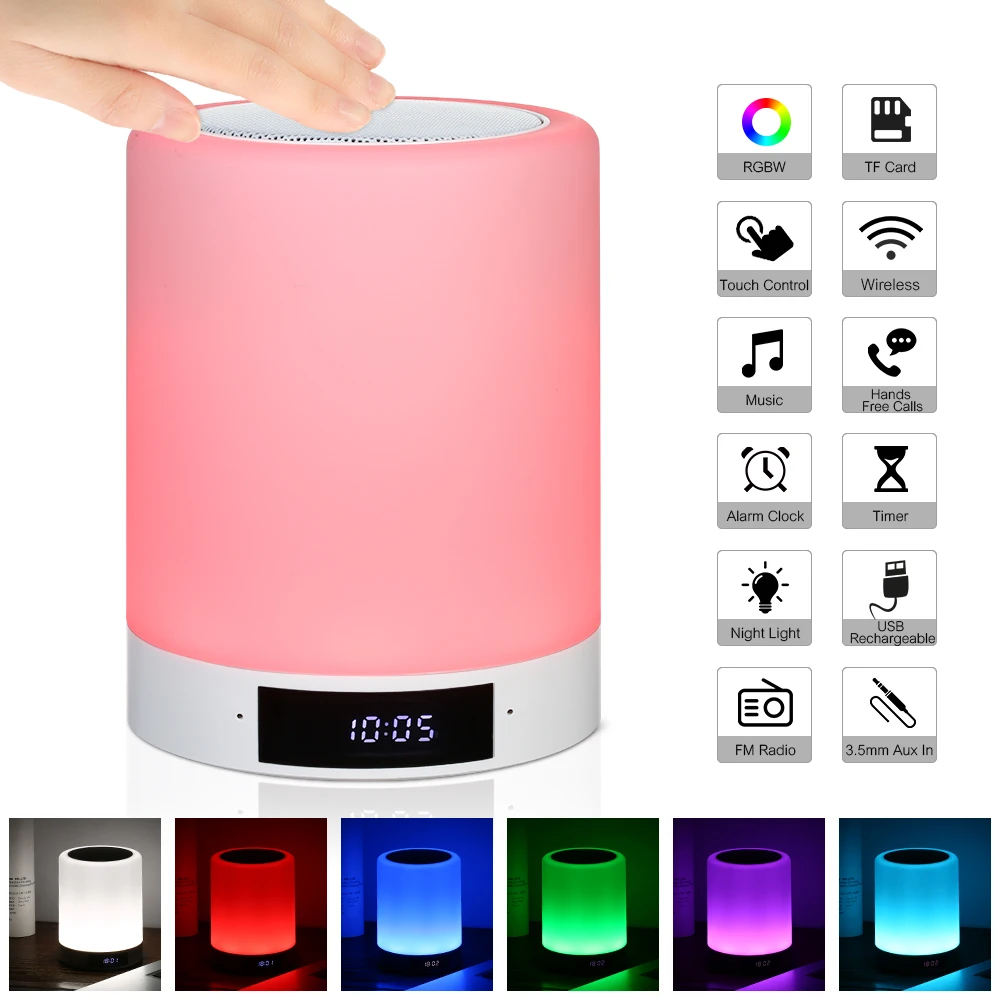 

RGB LED Night Lamp LCD screen USB Rechargeable Wireless BT Speaker Touch Control Dimmable Mood Lamp Alarm Clock Support TF Card