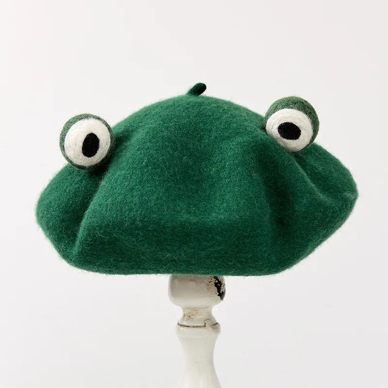 

Kislady High Quality Cute Funny Frog Wool Berets Autumn Winter Fashion Wild Green Hats for Unisex Vintage Casual Cozy Hat Craisy