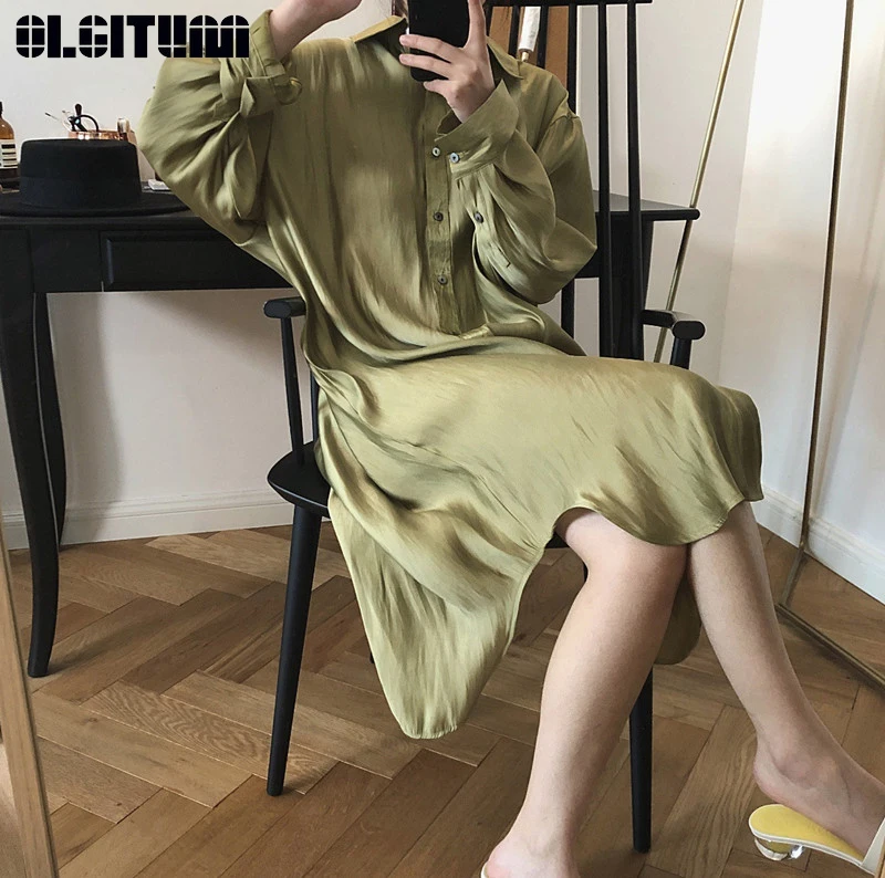 Vintage Silk Satin Dress Female Temperament Goddess Lazy Shirt Dress Loose Long Sleeve Silk Soft Long Robe Femme High Quality