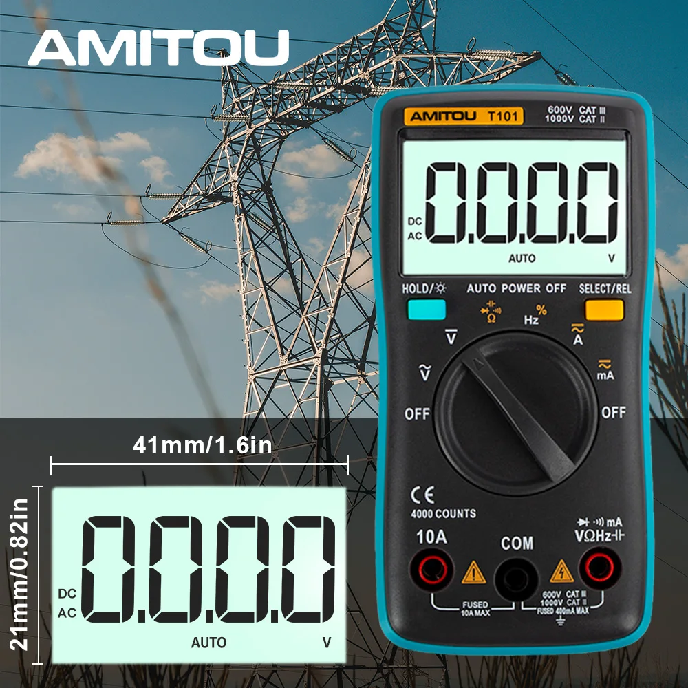 Amitou T101 ЖК-дисплей цифровой мультиметр с подсветкой AC/DC Напряжение ток миллиампер сопротивление, частота преобразования зуммер тестер синий