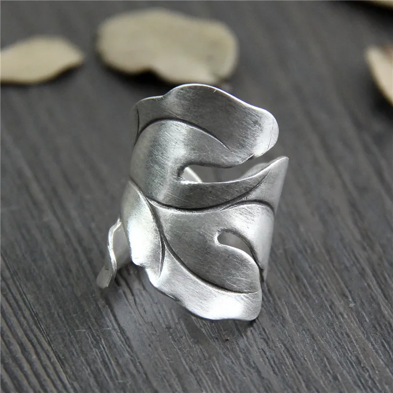 Увеличенные кольца ручной работы из чистого серебра 999 пробы с полым цветком в форме листа, хорошее ювелирное изделие, кольца из стерлингового серебра для женщин