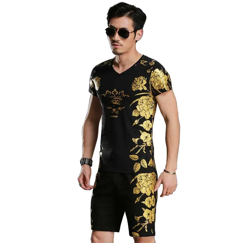 

Summer Short Sets Tshirt with Short 2PCS Set Floral Printed Tracksuit Men Casual T Shirt Short SLeeve Sweat Suits Male Clothing