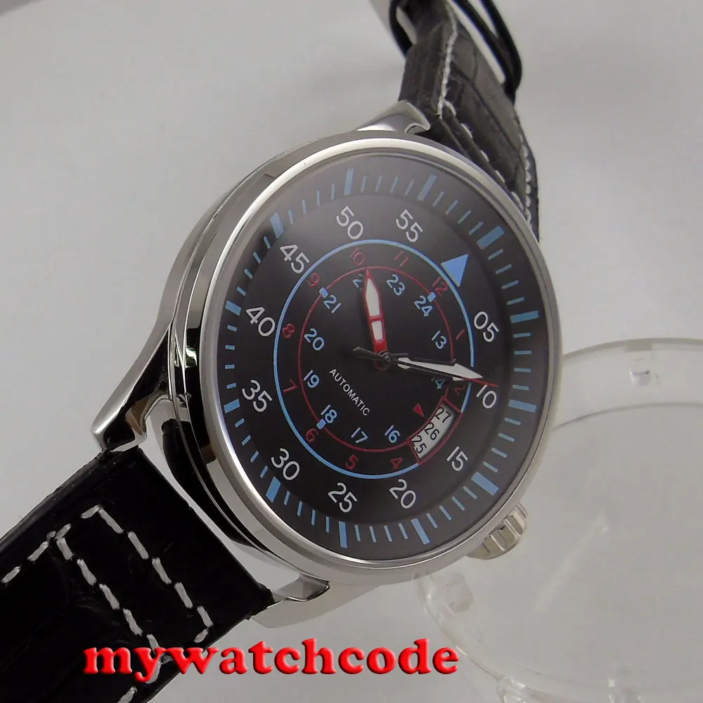 44 мм планка черный циферблат синие метки Дата Окно автоматическое движение Мужские часы