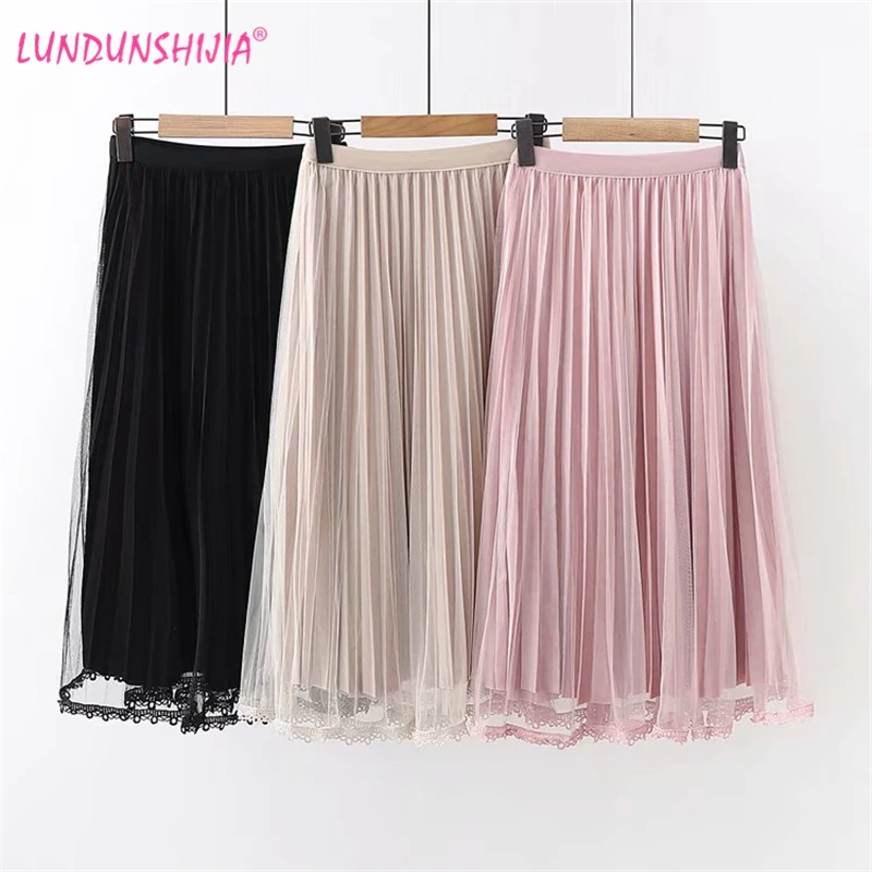 LUNDUNSHIJIA новые весенне-осенние женские элегантные золотые бархатные сетчатые кружевные длинные юбки эластичная талия розовая юбка Jupe Femme