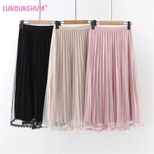 LUNDUNSHIJIA новые весенне-осенние женские элегантные золотые бархатные сетчатые кружевные длинные юбки эластичная талия розовая юбка Jupe Femme