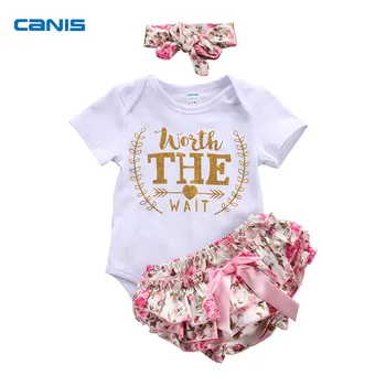 

3Pcs/Set Newborn Baby Girls Letter Printed Cotton Bodysuit+ Floral Shorts + Headband Outfits Set Clothes
