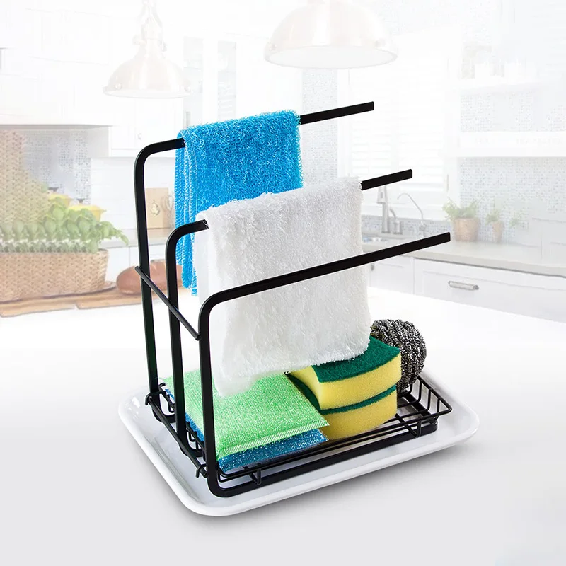 Black scouring pad rack carbon steel sponge drain holder dishcloth towel shelves steel ball racks kitchen organizer