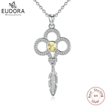 

EUDORA 925 Sterling Silver Yellow CZ Pendant Necklaces Romantic forever luck feather & Fleur-de-lis Necklace Fine Jewelry D357