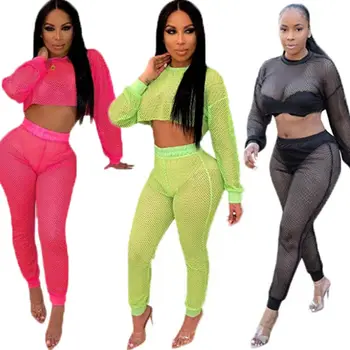 

2019 New Fashion Womens Sexy Beach Mesh Sheer Bikini Cover Up Swimwear Summer Casual Crop Top Long Trousers Sets