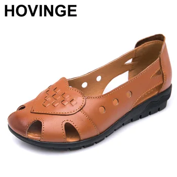 

HOVINGE Summer Genuine Leather Flat Sandals Women Casual Gladiador Heart-Shaped Cover Toe Hollow Out Slip On Sandals For Women