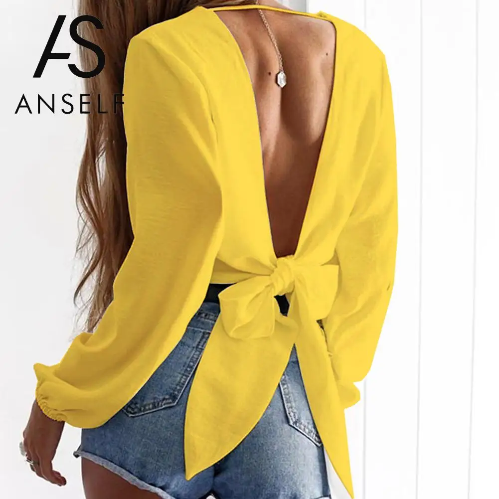 Anself Fashion Women Blouse Tie-Back Deep V Neck Long Sleeve Blusa Feminina Sexy Cutout Shirt Crop Top 2018 White/Yellow/Black