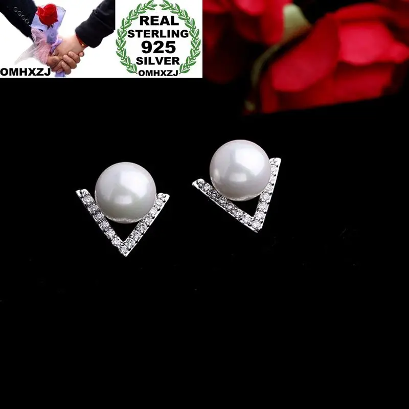 

OMHXZJ Wholesale European Fashion Woman Girl Party Wedding Gift V White Pearl AAA Zircon 925 Sterling Silver Stud Earrings EA32