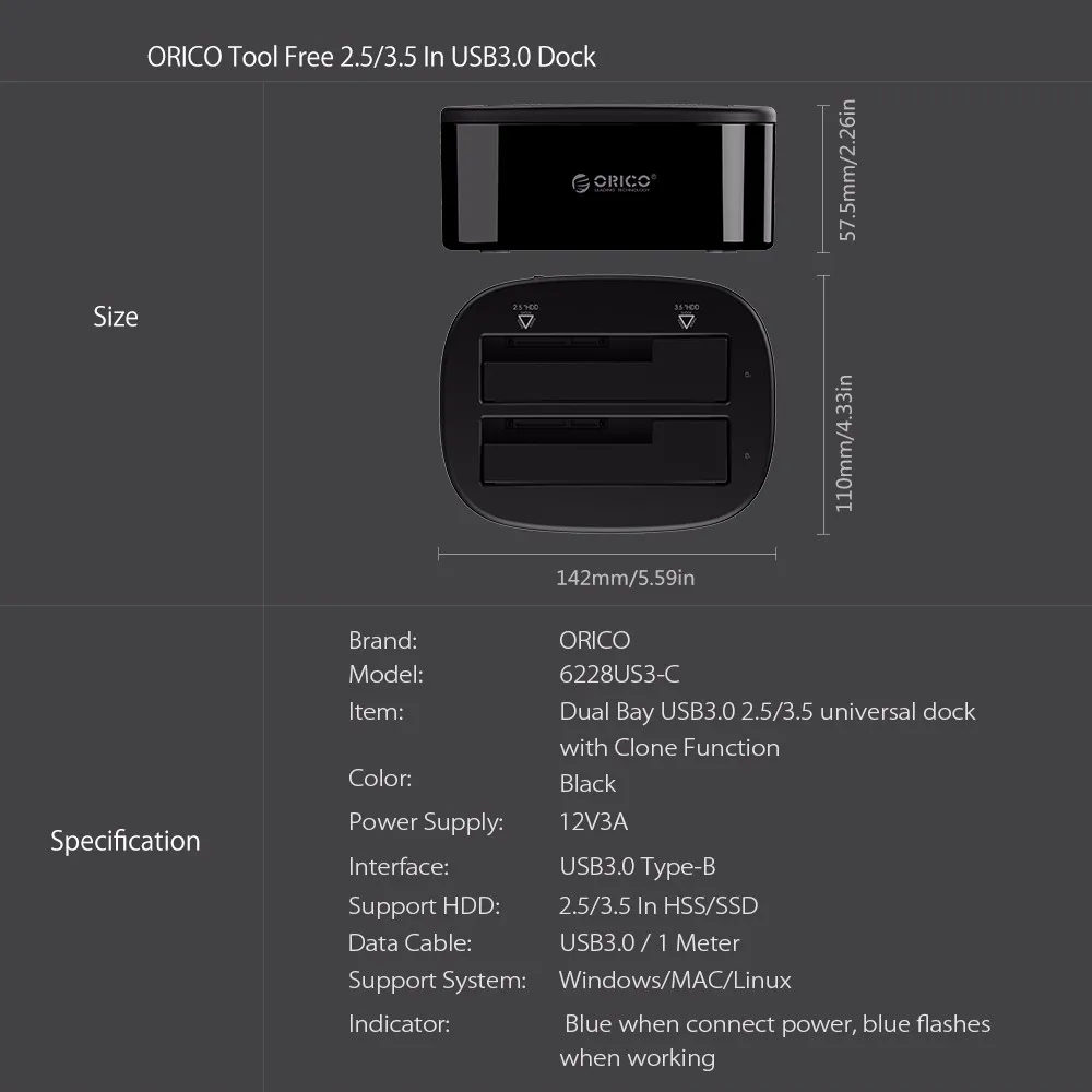 ORICO Dual Bay HDD Docking Station with Offline Clone SATA to USB 3.0 HDD Clone Docking Station for 2.5/3.5'' SSD HDD Enclosure