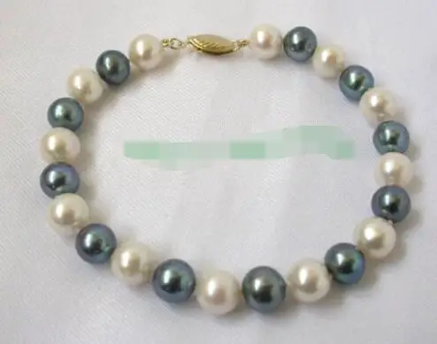 

stunning 10mm round white peacock black freshwater pearls bracelet