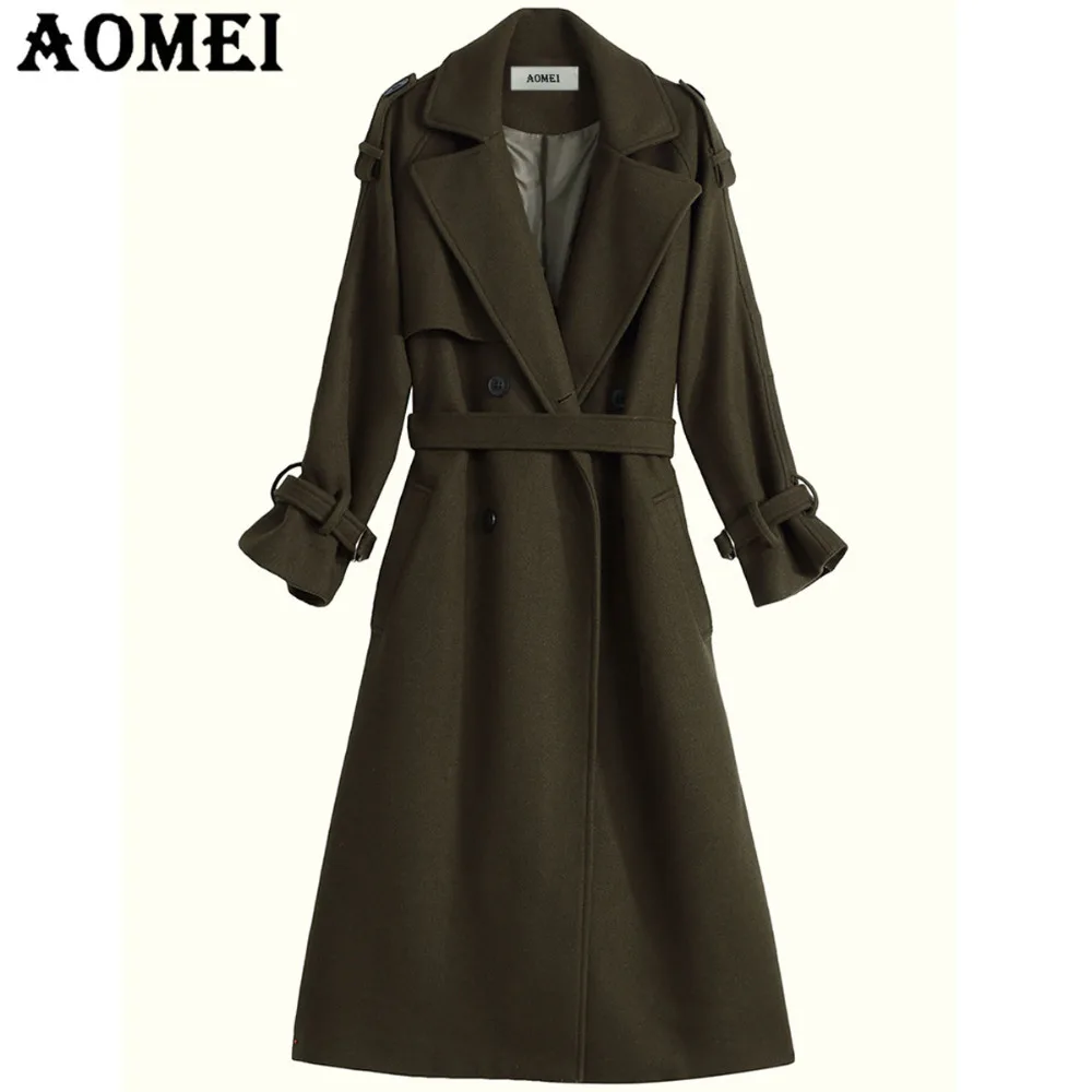

Women Fashion Woolen Overcoat with Sash Wear to Work Office Lady Clothing Fall Winter with Button Design Army Green 2019 Spring