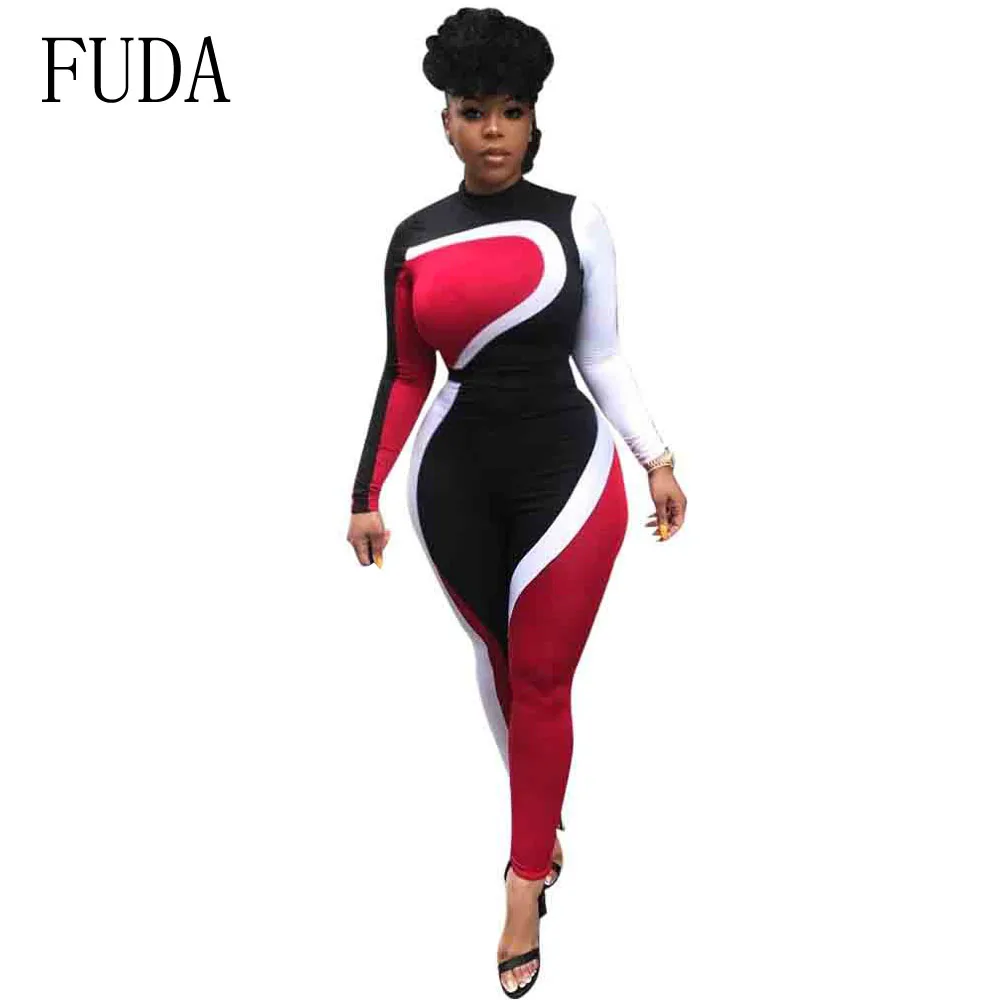 FUDA Autumn Casual Patchwork Long Sleeve Women Playsuits Rompers Womens Jumpsuit Bodycon Bodysuit One Piece Pants Overalls