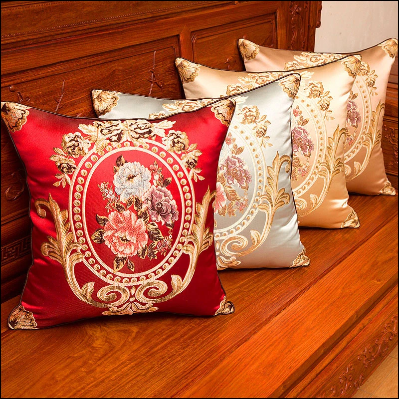 European Luxury Cushion Cover Embroidered Silk Pillow Case Square Solid