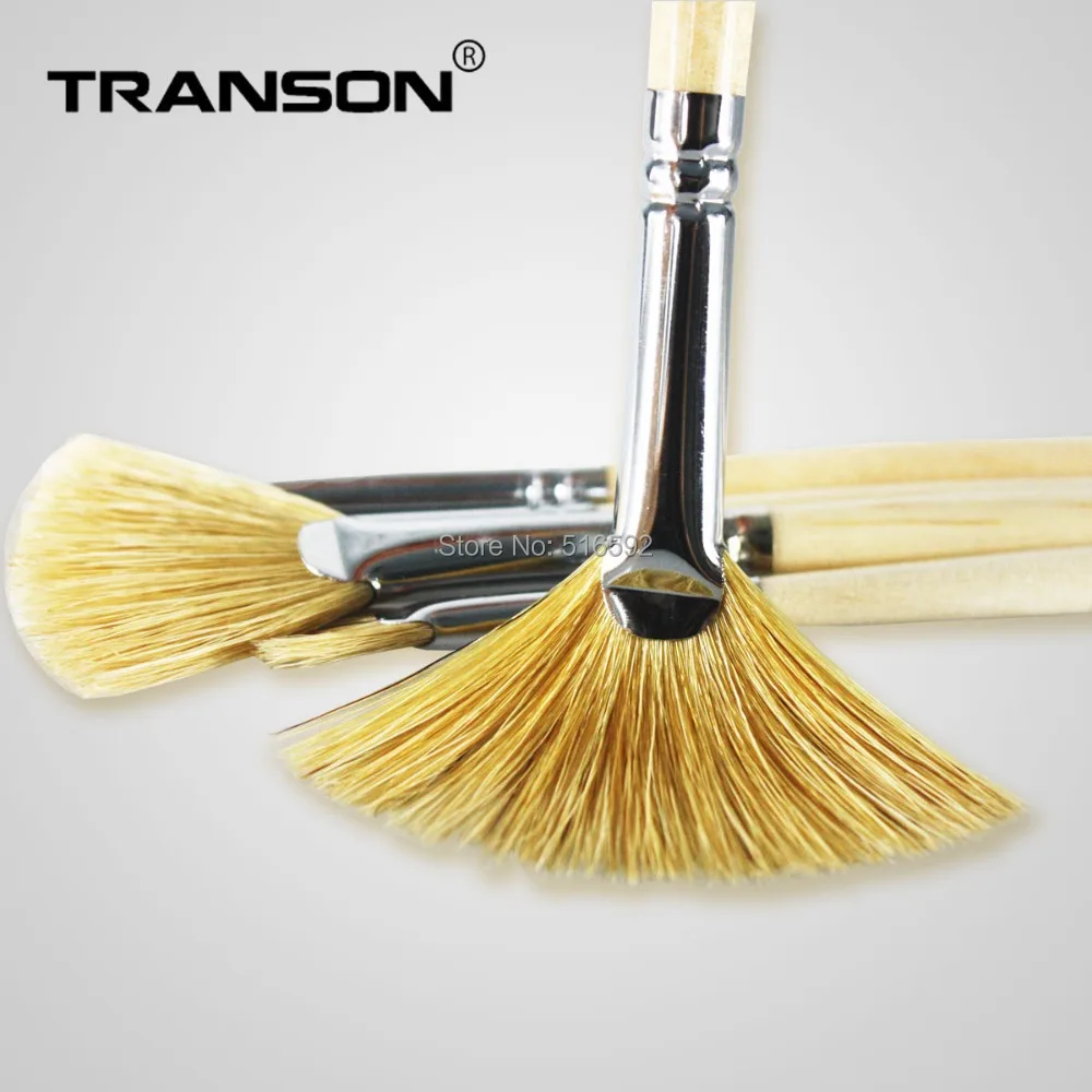

Transon 6PCS wooden handle fan head natural bristle hair artist brush set, blending brushes, painting brush set