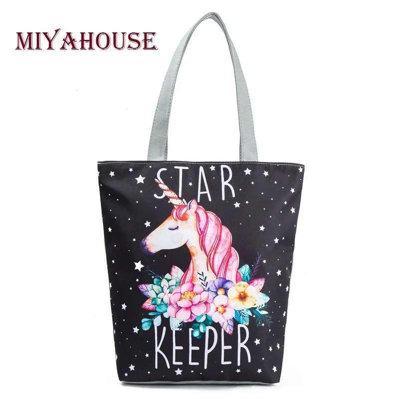 Miyahouse Casual Canvas Tote Handbag Women Cartoon Unicorn Printed Shoulder Bag Female Summer Beach Bag Shoulder