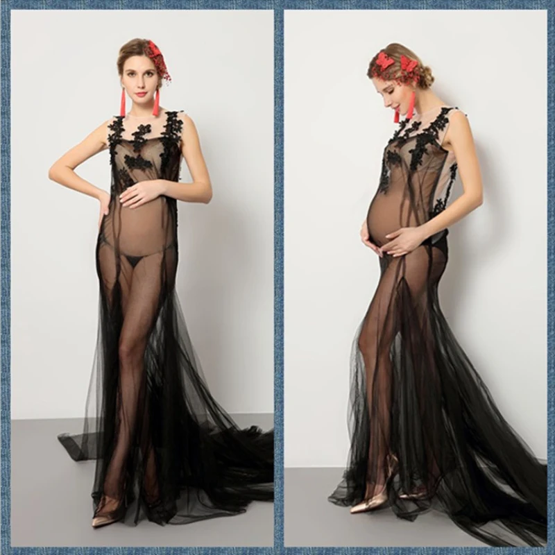 Sexy Pregnancy Clothes Maternity Photography Props Black Maxi Dresses Sheer Chiffon Long Dress Maternity Dresses for Photo Shoot