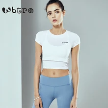 WBTRO для женщин спортивные топы фитнес бег Байкер Упражнение укороченный топ Йога Топ вышивка короткий рукав Midriff-baring Спортивная футболка