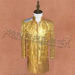 Мужские блестки золото воротник с лацканами Bling Gold Цвета длинный костюм Блейзер военно-бар пальто платье торжественное платье Шоу DJ одна
