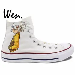 Вэнь Дизайн пользовательские аниме ручной росписью обувь Soul Eater Смерть Малыш Белый Высокий Верх Для мужчин Для женщин холст кроссовки