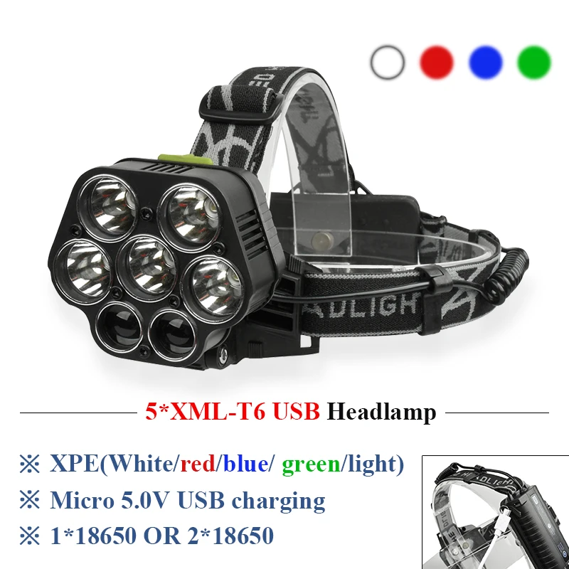 Супер мощный налобный фонарь 7led двойной источник света светодиодный cree xml t6 usb 18650
