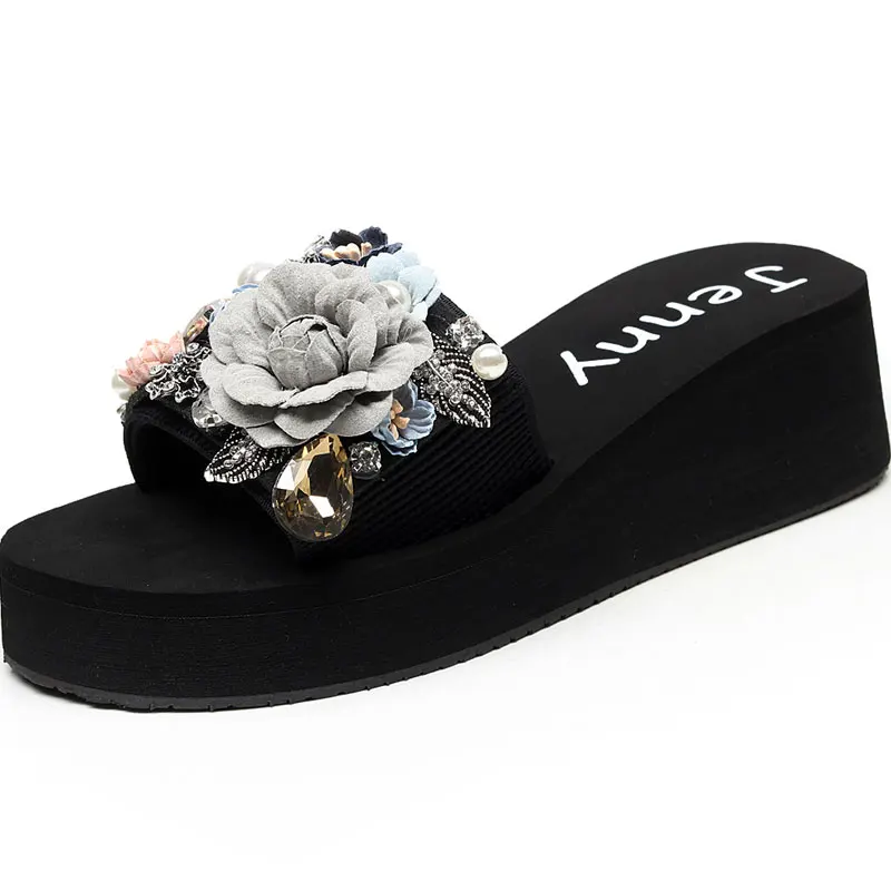 

Women Shoes High-heeled Rhinestone Slippers Women Summer Slippers Holiday Beach Sandals Seaside Slope With Thick Sole Slippers