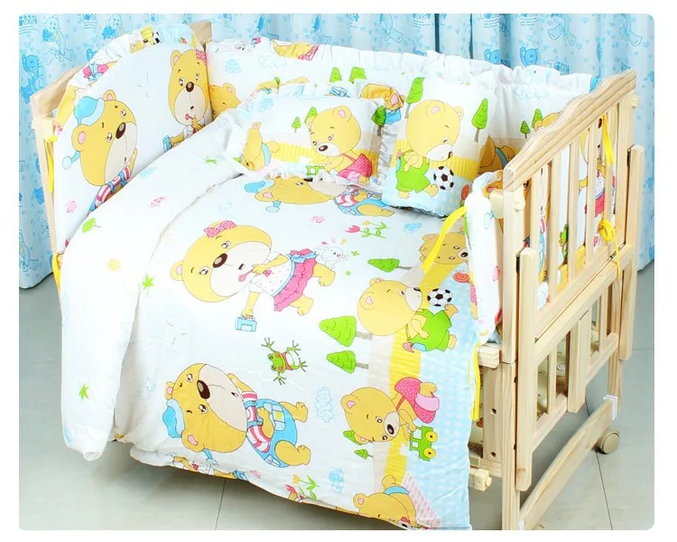 

Promotion! 6PCS 100% cotton cot nursery bedding Baby cot nursery bedding (3bumpers+matress+pillow+duvet) 100*60/110*65cm